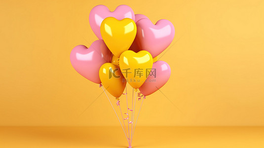 粉色气球背景图片_一群心形粉色气球靠在 3D 插图中呈现的亮黄色墙壁上