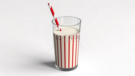 营养早餐背景图片_3d 渲染的一杯牛奶，白色背景上有红色稻草