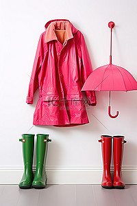 白墙上的三件红色雨衣雨伞和靴子