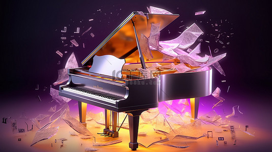 霓虹灯发光 3D 渲染中破碎的钢琴，带有飞行碎片