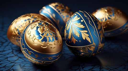 金色复活节彩蛋 3D 插图，蓝色背景上有复杂的图案