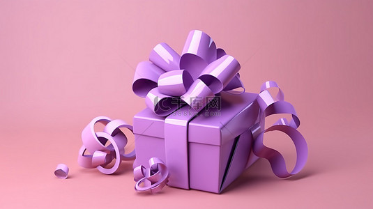 卡通蝴蝶结丝带背景图片_现代假日惊喜紫色卡通礼盒，带丝带和蝴蝶结 3D 渲染