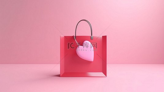 简约的情人节销售概念隔离 3D 渲染粉色购物袋，心形浮在柔和的背景上