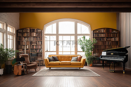 黄色和棕色条纹的沙发周围是钢琴和书架