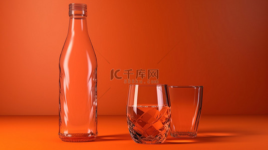 透明玻璃罐子背景图片_玻璃水瓶和橙色玻璃在充满活力的背景上的 3D 渲染