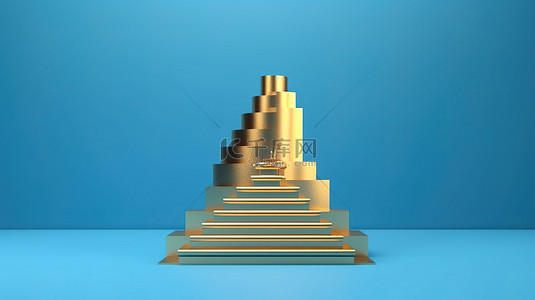 荣誉奖杯背景图片_第一名荣誉 3D 渲染金奖杯设计位于蓝色背景隔离的楼梯上