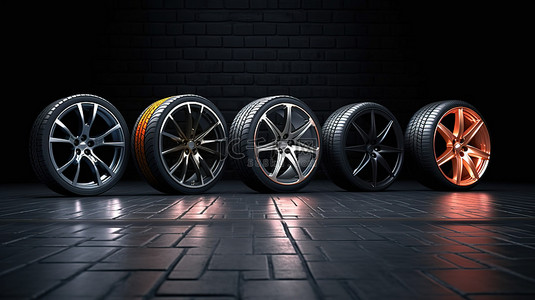 使用 3D 技术创建的光滑沥青和深色背景上的五个时尚汽车轮胎