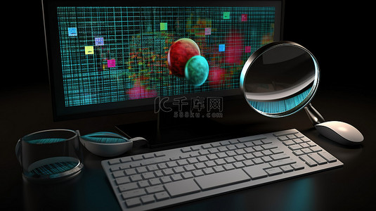 网页科技背景图片_使用 3d 呈现的桌面浏览器插图可视化网络搜索网络和在线活动