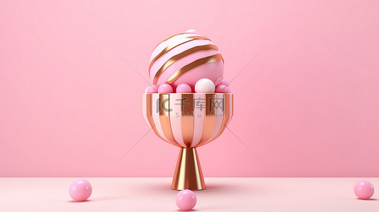 夏日甜蜜美味的粉色冰淇淋，带有华丽的金色条纹和奢华的球体