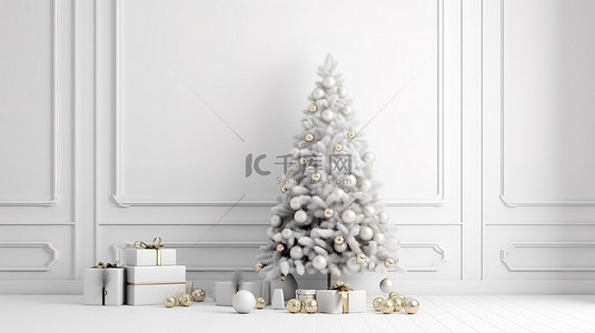 极简主义圣诞节白色空白墙内部有树和礼物插图 3D 模型