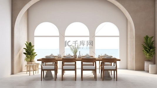 沿海主题婚礼室内部的 3D 渲染插图，配有餐桌和模拟墙