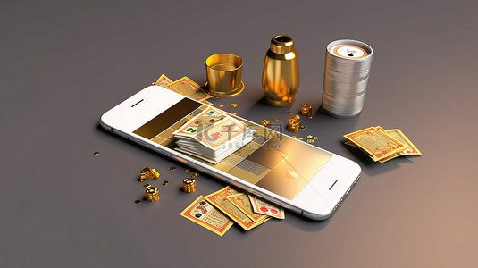 金杯背景图片_在线赌场赢概念白屏智能手机，带金杯硬币和银行卡