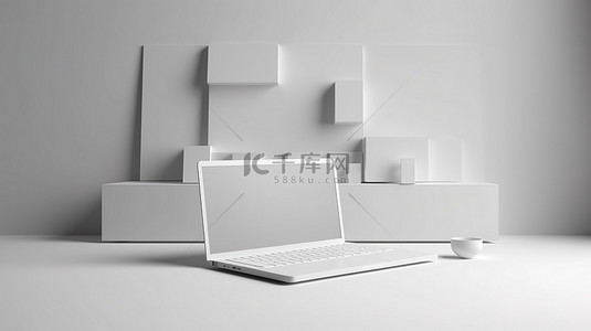 干净的工作空间上的简约白色笔记本电脑设计，带有纸质创作 3D 渲染概念插图