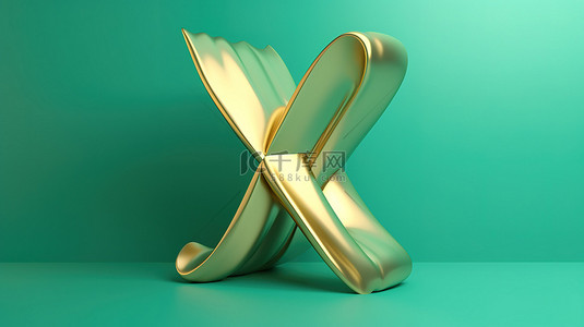 潮水绿色背景上带有时尚字体类型的福尔图纳金大写 x 符号的 3D 渲染