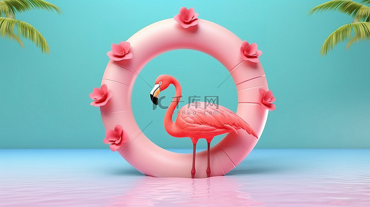男人复制背景图片_插图 3D 海滩场景，带有火烈鸟漂浮物和用于复制空间的圆形框架
