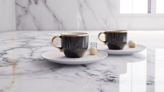 咖啡厅背景图片_一张白色大理石桌子在 3D 渲染中放着两杯热气腾腾的咖啡