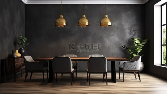 深色调的当代用餐空间，带有灰色空白墙 3D 渲染模型