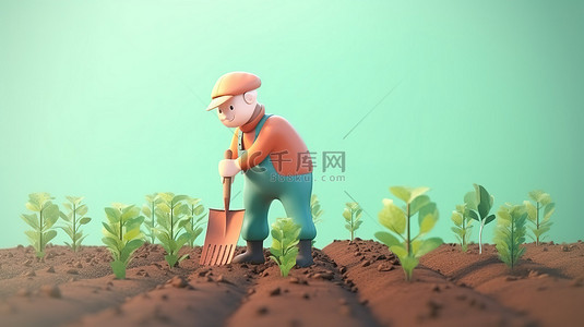 可爱的小男孩背景图片_耕种土地一个穿着工作服的小农夫的 3D 插图