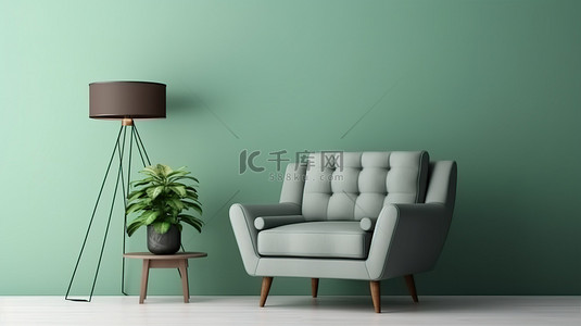 咖啡桌背景图片_3D 渲染织物扶手椅咖啡桌和绿墙上的大花瓶客厅模拟海报