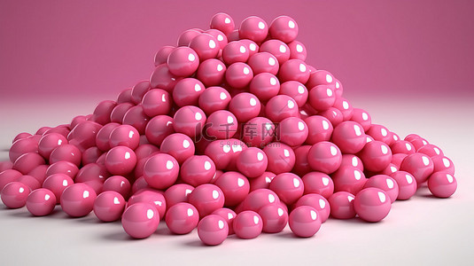 通过 3D 渲染创建的高高堆积的华丽粉色球形糖果