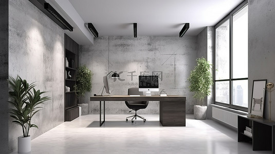 办公家具装饰着一个 3D 渲染的房间，有白色和混凝土的墙壁和地板