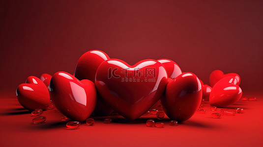 心脏图背景图片_红色背景下的情人节 3D 心图