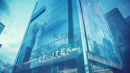 中心银行背景图片_金融和商业概念银行标志反映在现代摩天大楼玻璃幕墙上，背景为城市景观 3D 渲染