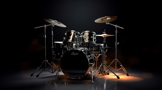 表演音乐背景图片_体积光照亮深色背景 3D 渲染上的专业黑色鼓套件