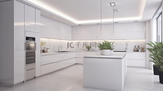 时尚奢华的极简主义白色厨房 3D 渲染