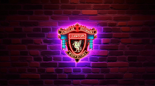 踢足球标志背景图片_砖墙上英超联赛霓虹灯的 3D 渲染海报