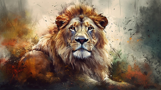 可爱手绘动物插画背景图片_水彩狮子数字艺术雄伟动物的逼真 3D 渲染