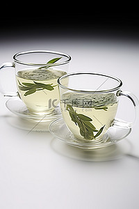 两个白色杯子，里面装着绿茶叶