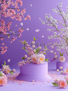 电商展台紫色背景图片_春天花朵电商展台紫色背景