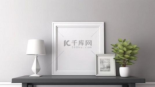 白色相框背景图片_桌子和墙壁为空白相框 3D 渲染奠定了基础