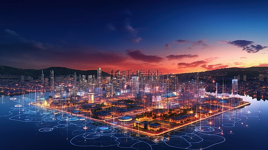 未来产业背景图片_未来的智慧城市在日落时拥抱智能电网可再生能源解决方案 3d 渲染