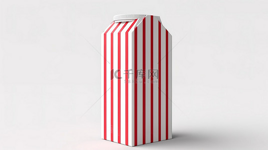 带红色条纹稻草的白色背景牛奶汁纸盒的 3D 渲染
