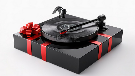 玩大转盘背景图片_时尚的 DJ 转盘混音器套装从礼品盒中出现，白色背景上带有红色蝴蝶结 3D 渲染