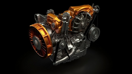 齿轮背景图片_黑色背景下时尚涡轮发动机的 3D 渲染