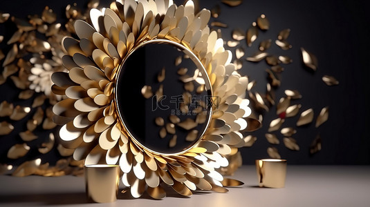 复古镜子背景图片_3D 渲染工作室中看到的复古抽象花瓣和金色镜子产品展示
