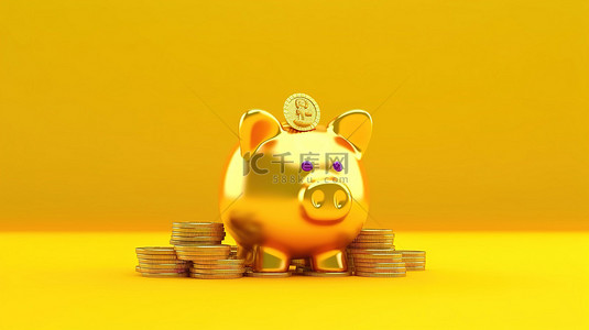 黄色背景上装饰着皇冠和硬币塔的富丽堂皇的存钱罐通过 3D 渲染直观地表示储蓄和利润投资