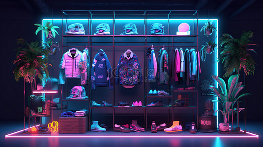 带有霓虹灯个人配饰衣服和鞋子的时尚精品店的 3D 插图