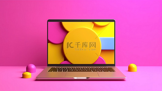 苹果电脑背景图片_3D 渲染产品演示彩色背景笔记本电脑屏幕模型在平面上
