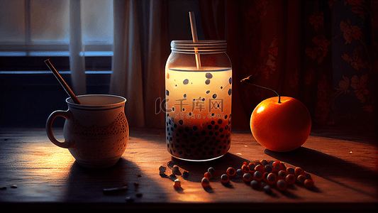 奶茶水果夕阳光背景