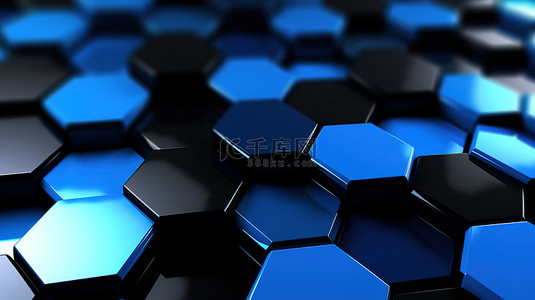 未来技术概念抽象六边形背景，具有 3D 插图几何图案和黑白碳细胞