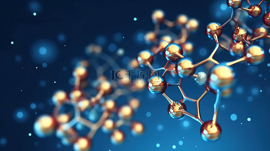具有互连原子的蓝色背景，用于演示 3D 渲染