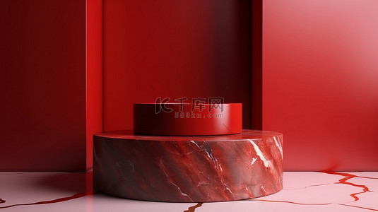 3d 渲染的大理石讲台，带有醒目的红色背景，非常适合展示品牌产品