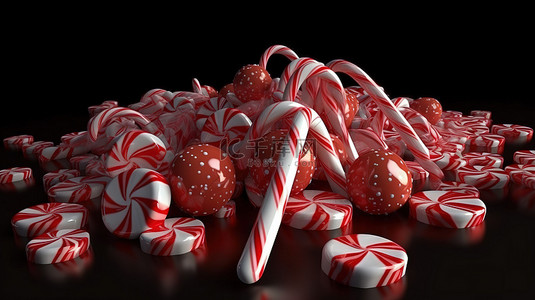 3D 渲染中旋转和旋转的甘蔗焦糖，用于圣诞节和除夕音乐会的节日庆祝活动