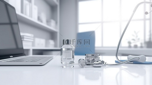 卫生用品背景图片_在医生工作场所的白桌上用听诊器注射器和疫苗进行计算机模型的 3D 渲染