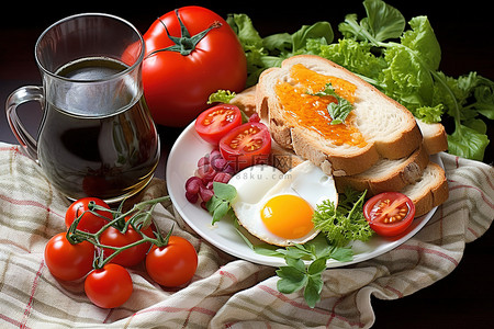 果汁背景图片_早餐包括鸡蛋西红柿香草和面包咖啡和果汁