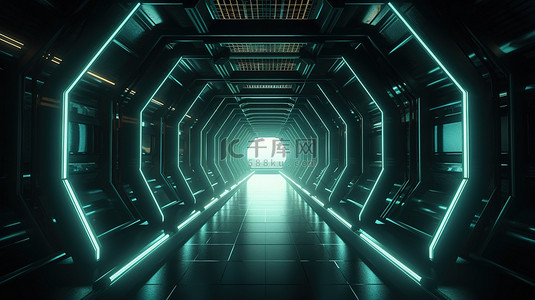 3d 科幻渲染中带有移动灯的抽象高科技隧道